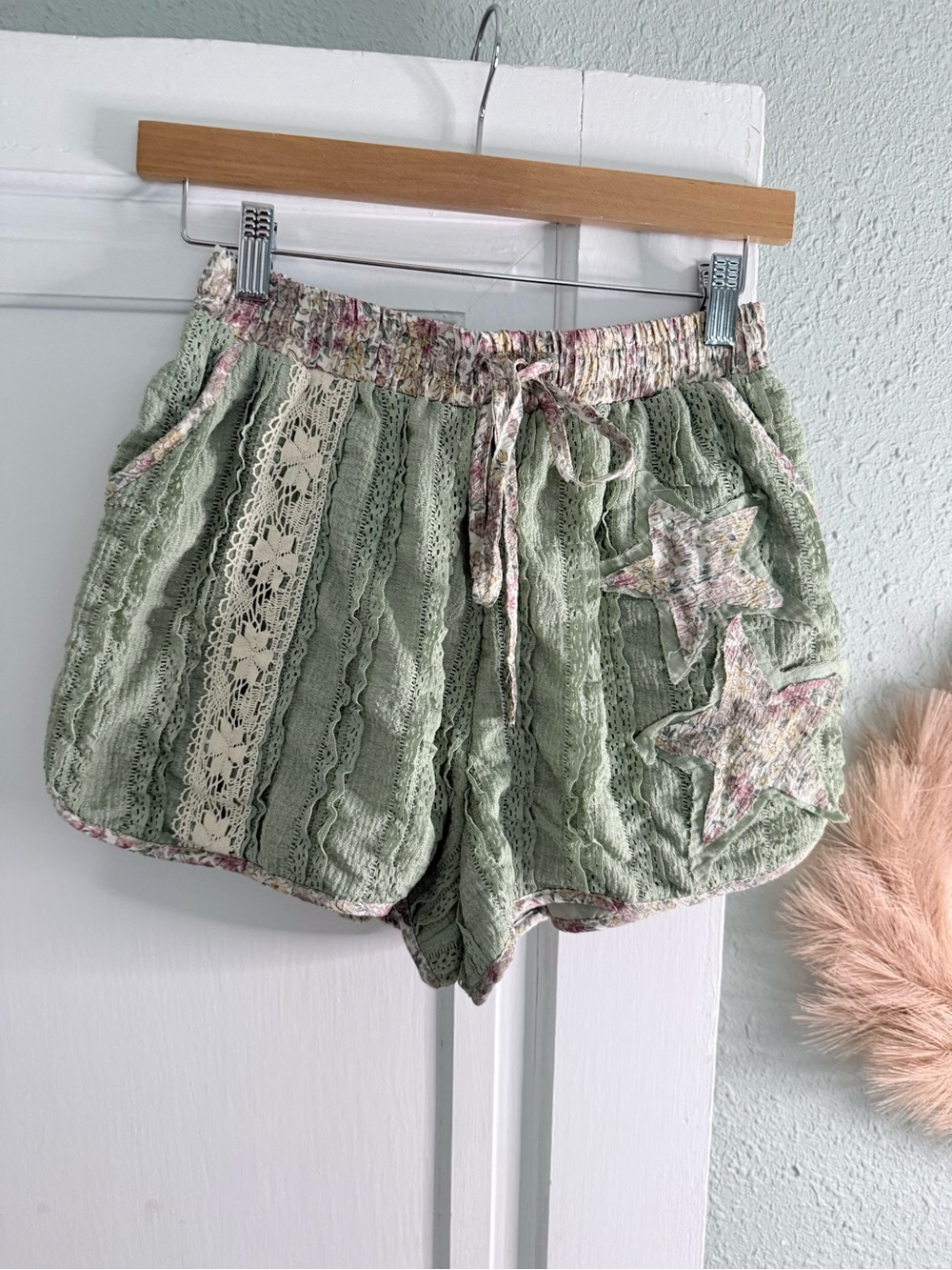 POL Light Sage Lace-Trim Athletic Shorts with Star Appliqués